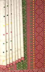 Beige Tussar Saree from Assam with Reddish Pink Border and Forest Green Pallu