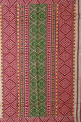 Beige Tussar Saree from Assam with Reddish Pink Border and Forest Green Pallu