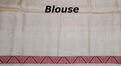 Beige Tussar Saree from Assam with Reddish Pink Border and Forest Green Pallu