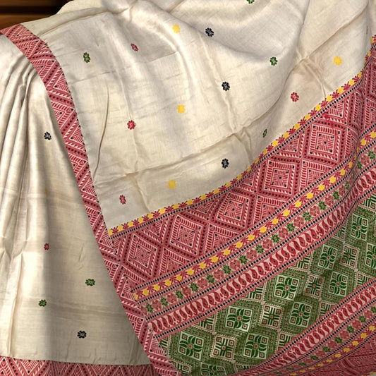 Beige Tussar Saree from Assam with Reddish Pink Border and Forest Green Pallu