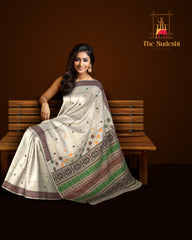 Beige Tussar Saree from Assam with Dark Maroon Border and Maroon Pallu