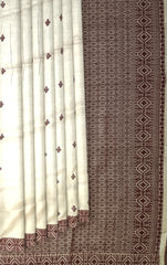 Beige Tussar Saree from Assam with Maroon Border and Pallu