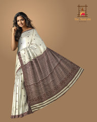 Beige Tussar Saree from Assam with Maroon Border and Pallu