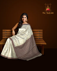 Beige Tussar Saree from Assam with Maroon Border and Pallu