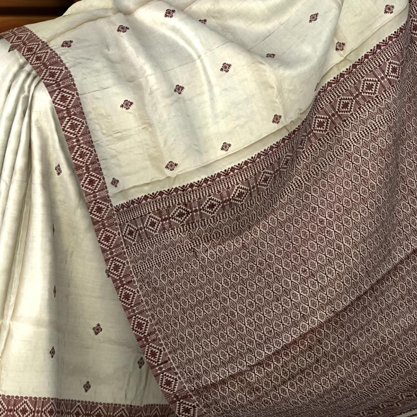 Beige Tussar Saree from Assam with Maroon Border and Pallu