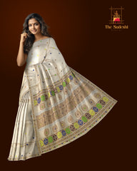 Beige Tussar Saree from Assam with Beige Border and Pallu