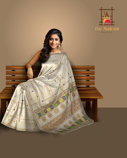 Beige Tussar Saree from Assam with Beige Border and Pallu