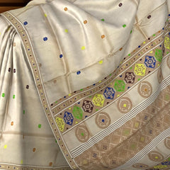 Beige Tussar Saree from Assam with Beige Border and Pallu