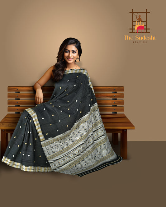 Black Tussar Saree from Assam with Off-White Border and Pallu