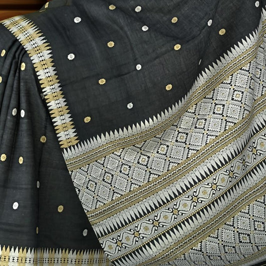 Black Tussar Saree from Assam with Off-White Border and Pallu