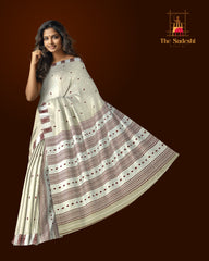 Beige Tussar Saree from Assam with Dark Brown Border and Off-White Pallu