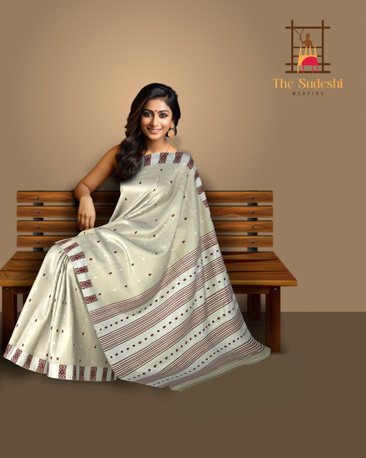 Beige Tussar Saree from Assam with Dark Brown Border and Off-White Pallu