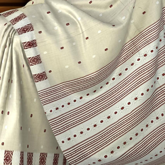 Beige Tussar Saree from Assam with Dark Brown Border and Off-White Pallu