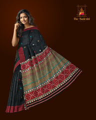 Black Tussar Saree from Assam with Dark Red Border and Multicolor Pallu