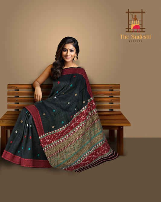 Black Tussar Saree from Assam with Dark Red Border and Multicolor Pallu