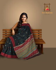 Black Tussar Saree from Assam with Dark Red Border and Multicolor Pallu