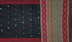 Black Tussar Saree from Assam with Dark Red Border and Multicolor Pallu