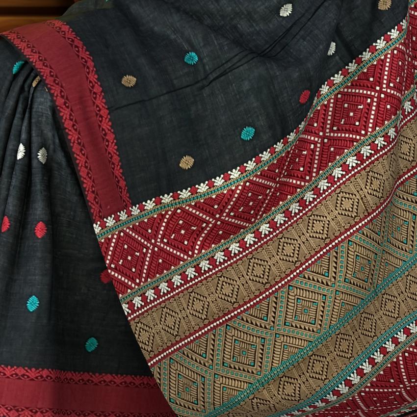 Black Tussar Saree from Assam with Dark Red Border and Multicolor Pallu