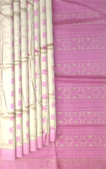 Beige Tussar Saree from Assam with Pink Border and Pallu