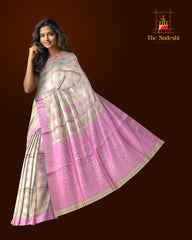 Beige Tussar Saree from Assam with Pink Border and Pallu