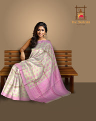 Beige Tussar Saree from Assam with Pink Border and Pallu