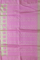 Beige Tussar Saree from Assam with Pink Border and Pallu