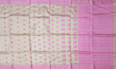 Beige Tussar Saree from Assam with Pink Border and Pallu