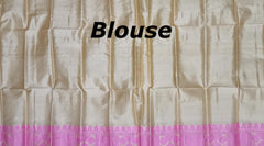 Beige Tussar Saree from Assam with Pink Border and Pallu