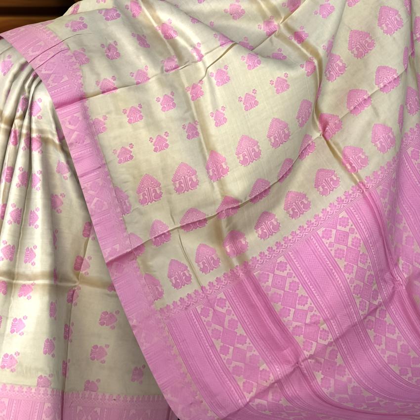 Beige Tussar Saree from Assam with Pink Border and Pallu