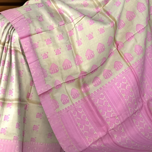 Beige Tussar Saree from Assam with Pink Border and Pallu