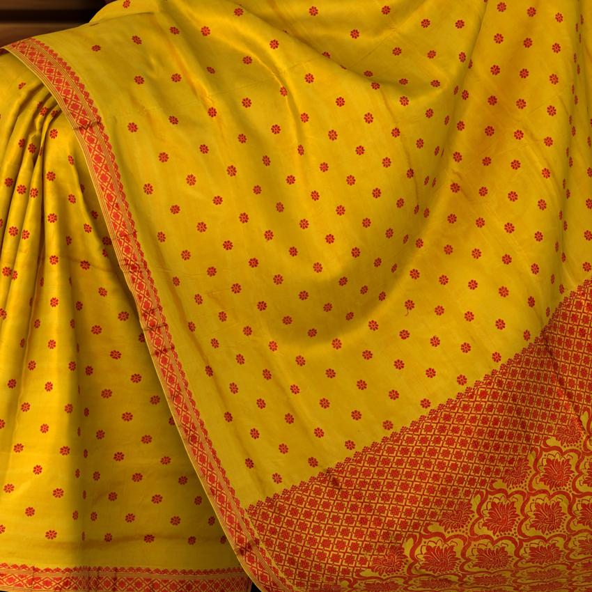 Yellow Mulberry Silk Saree with Red Border and Buttis