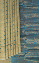 Green Mulberry Silk Saree with Blue Border and Buttis & Motifs