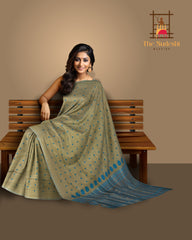 Green Mulberry Silk Saree with Blue Border and Buttis & Motifs