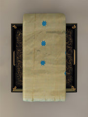 Green Mulberry Silk Saree with Blue Border and Buttis & Motifs