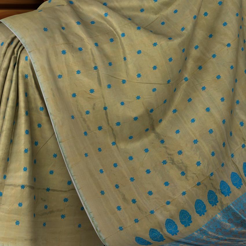 Green Mulberry Silk Saree with Blue Border and Buttis & Motifs