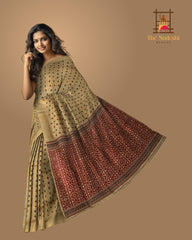 Gold Tassar-Muga Silk Saree with Red Border and Buttis & Motifs