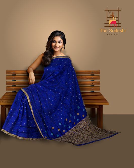 Blue Mulberry Silk Saree with Gold Border and Buttis & Motifs