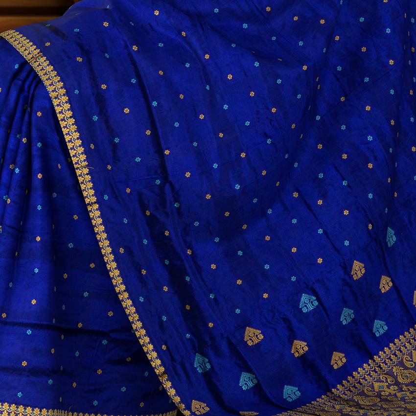 Blue Mulberry Silk Saree with Gold Border and Buttis & Motifs