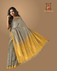 Khaki Mulberry Silk Saree with Yellow Border and Buttis & Motifs