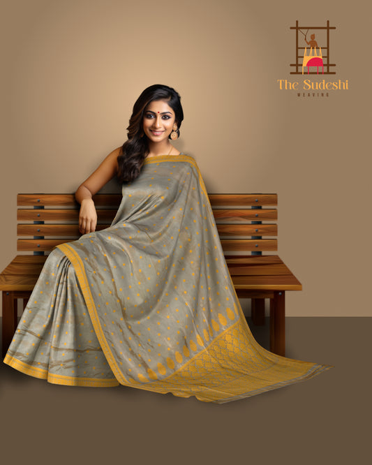 Khaki Mulberry Silk Saree with Yellow Border and Buttis & Motifs