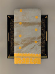 Khaki Mulberry Silk Saree with Yellow Border and Buttis & Motifs