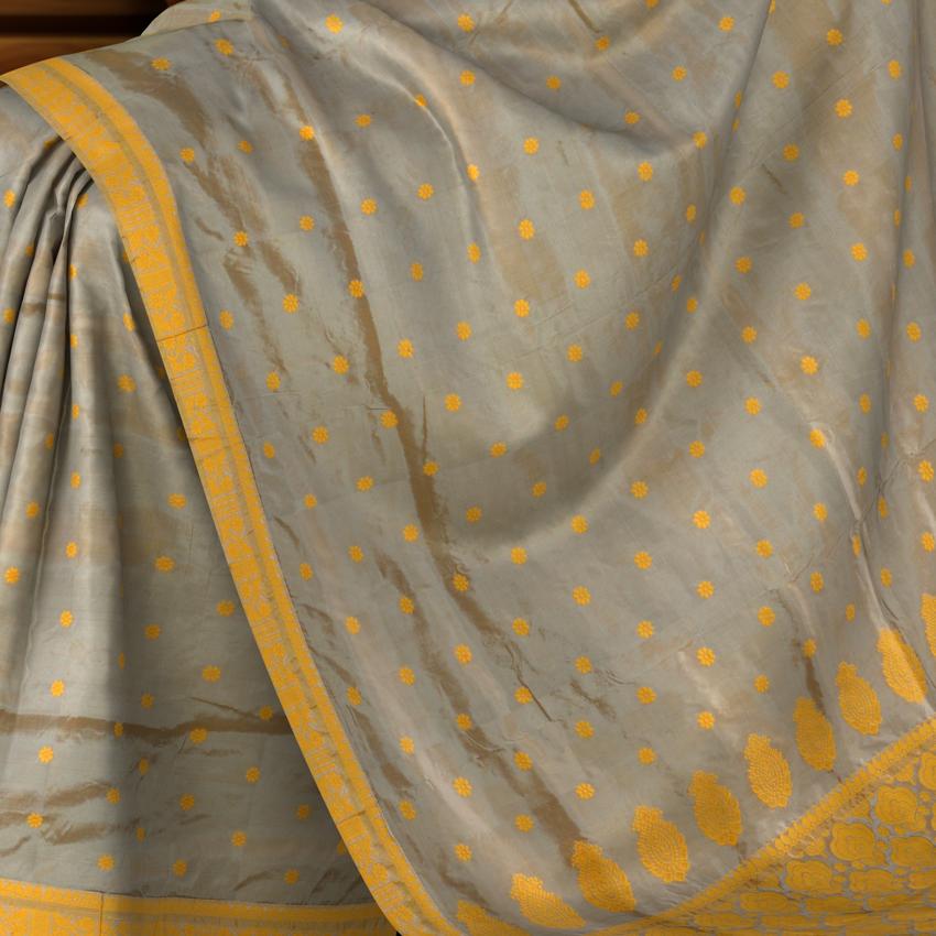 Khaki Mulberry Silk Saree with Yellow Border and Buttis & Motifs