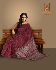 Red Mulberry Silk Saree with Grey Border and Buttis & Motifs