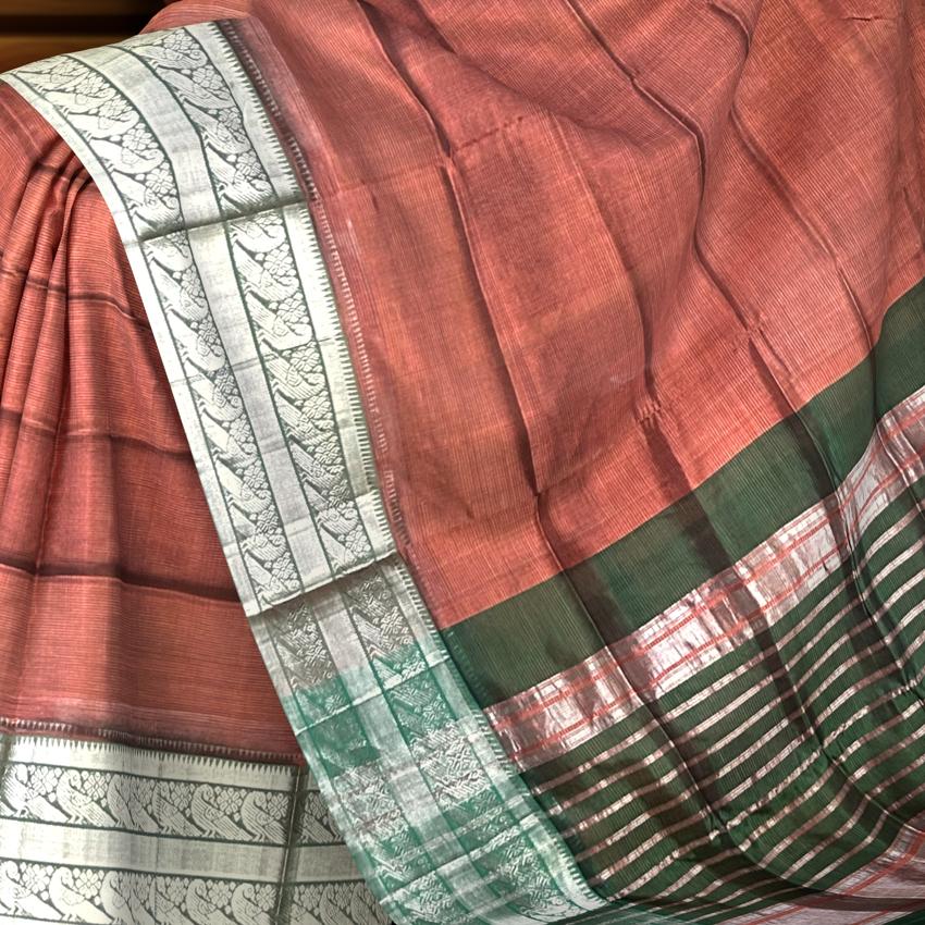 Maroon Silver Green Mangalgiri Saree with Plain Design