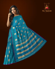 Bluish Green Borderless Kanchipuram Pure Zari Silk Saree with Elephant motifs, and Self-colored Pallu and Blouse