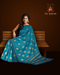 Bluish Green Borderless Kanchipuram Pure Zari Silk Saree with Elephant motifs, and Self-colored Pallu and Blouse