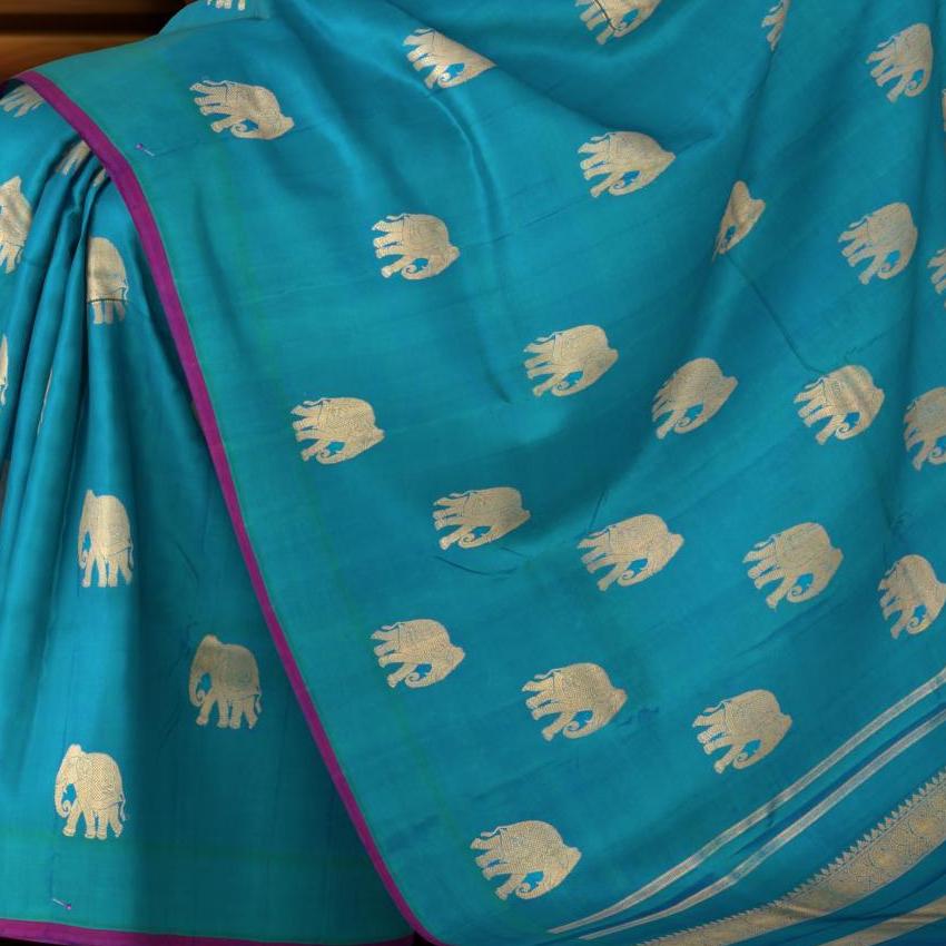 Bluish Green Borderless Kanchipuram Pure Zari Silk Saree with Elephant motifs, and Self-colored Pallu and Blouse