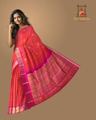 Orangish Pink KPM Pure Zari Jaquard Saree with Diamond Butta