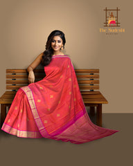 Orangish Pink KPM Pure Zari Jaquard Saree with Diamond Butta