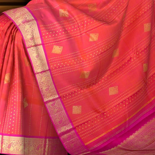 Orangish Pink KPM Pure Zari Jaquard Saree with Diamond Butta